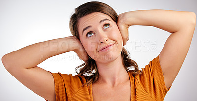 Buy stock photo Hands on ears, noise and woman in studio with fake news block, secret or annoyed with gossip drama on white background. No, stop and girl model with ignoring emoji, gesture or silence body language