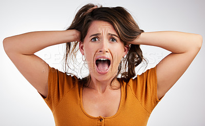 Buy stock photo Stress, fear and woman face shouting in studio for anxiety, fail or overthinking on grey background. Trauma, panic or scared model overwhelmed by debt, economy or financial, crisis or inflation news