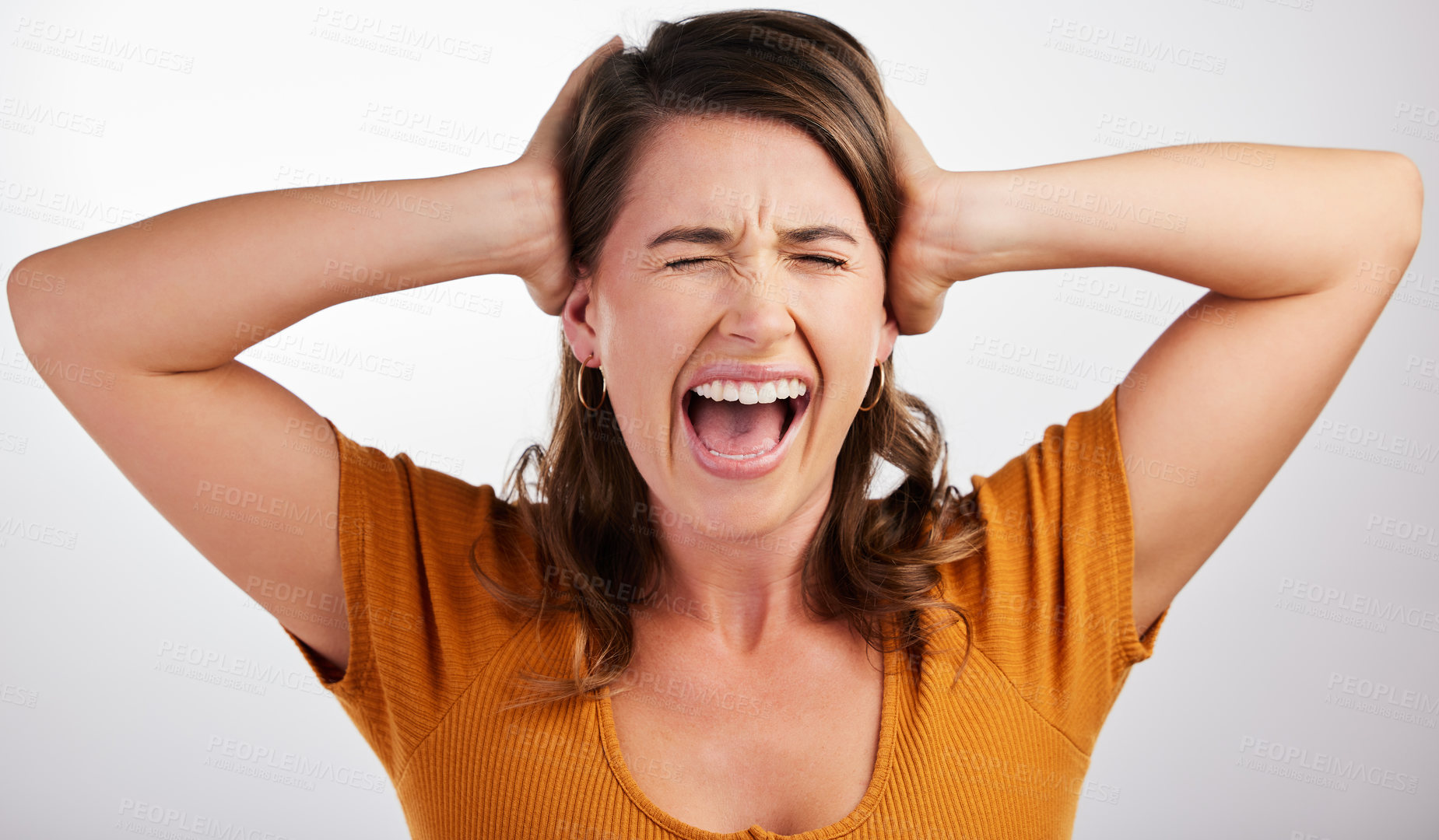 Buy stock photo Hands on ears, stress and woman shouting in studio for depression, fear or conflict, trauma or noise on white background. Stop, anxiety or overwhelmed by tinnitus, vertigo or frustrated by brain fog 