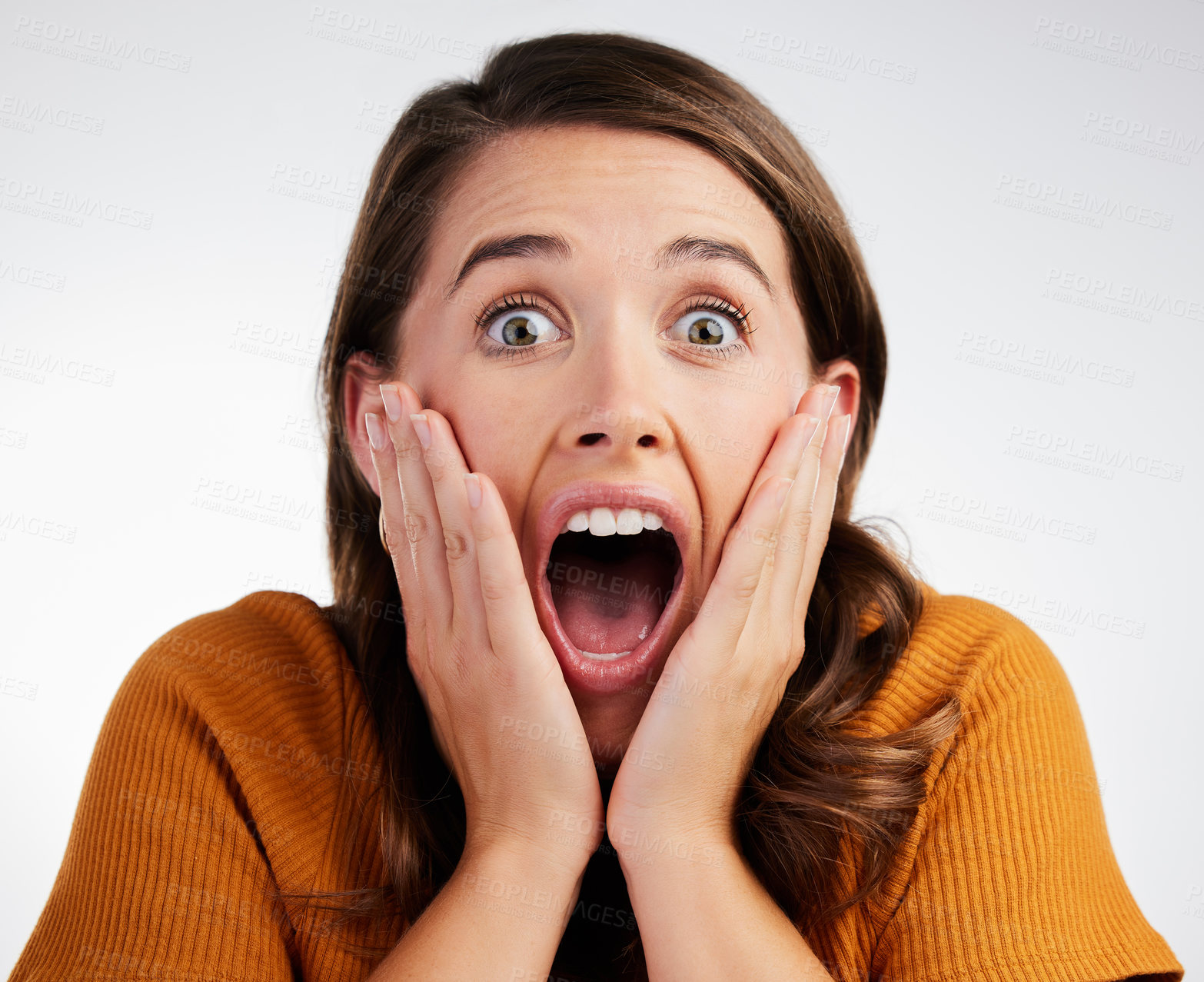 Buy stock photo Woman, portrait and surprise with good news, wow or disbelief for special offer on a gray studio background. Face of excited or shocked female person in OMG for notification, alert or announcement