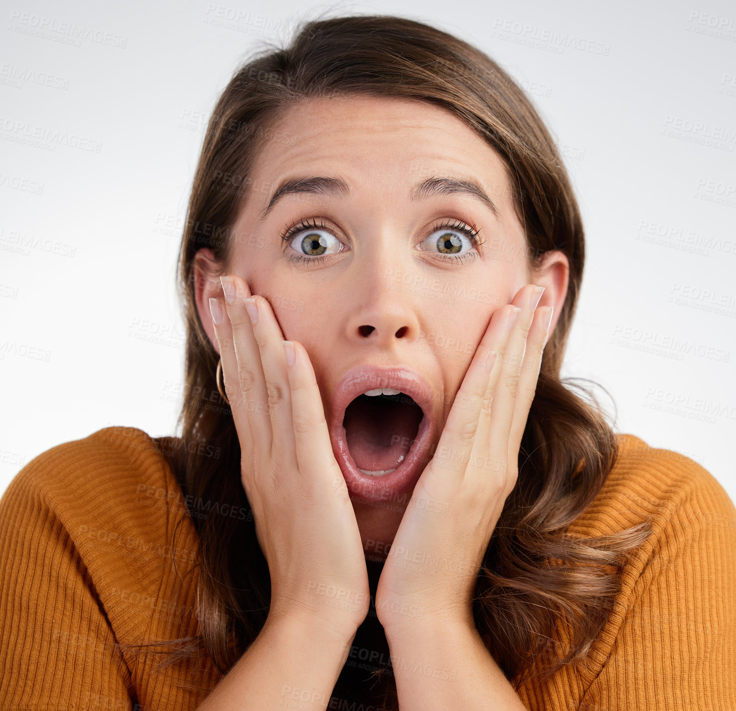 Buy stock photo Woman, portrait and shocked with bad news, scared or disbelief on a white studio background. Female person with open mouth in shock, OMG or wtf for alert, surprise rumor or gasp from announcement