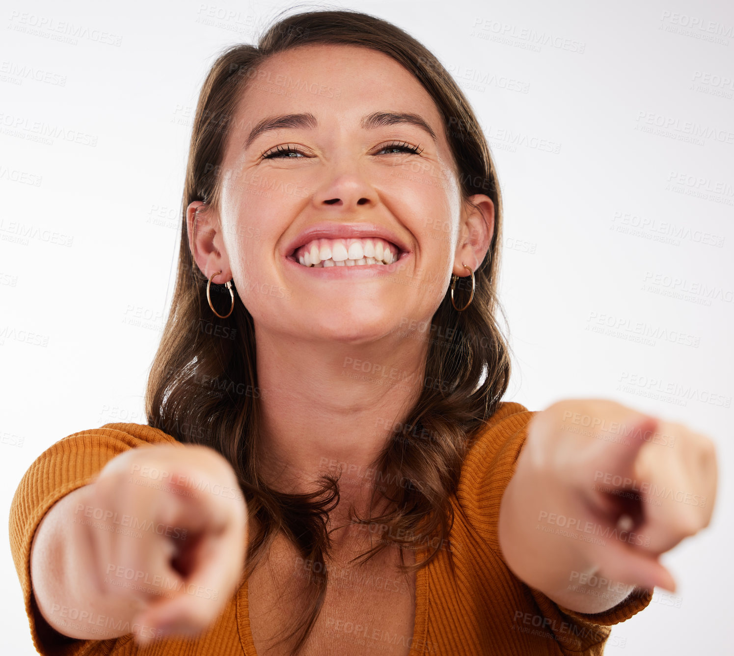 Buy stock photo Excited woman, portrait and hand pointing at you in studio for support, encourage or praise on white background. Happy, attention or model with choice emoji vote, invitation or volunteer motivation