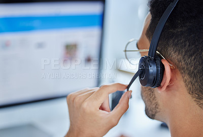 Buy stock photo Call center, computer screen and closeup with business man in office for customer service, contact us or website. Email marketing, communication and crm with employee for sales, advisor and help desk