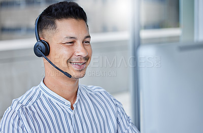 Buy stock photo Man, telemarketing and headset at computer or call centre for technical support, solution or crm. Male person, face and smile for customer service at help desk as it advisor, consultation or contact