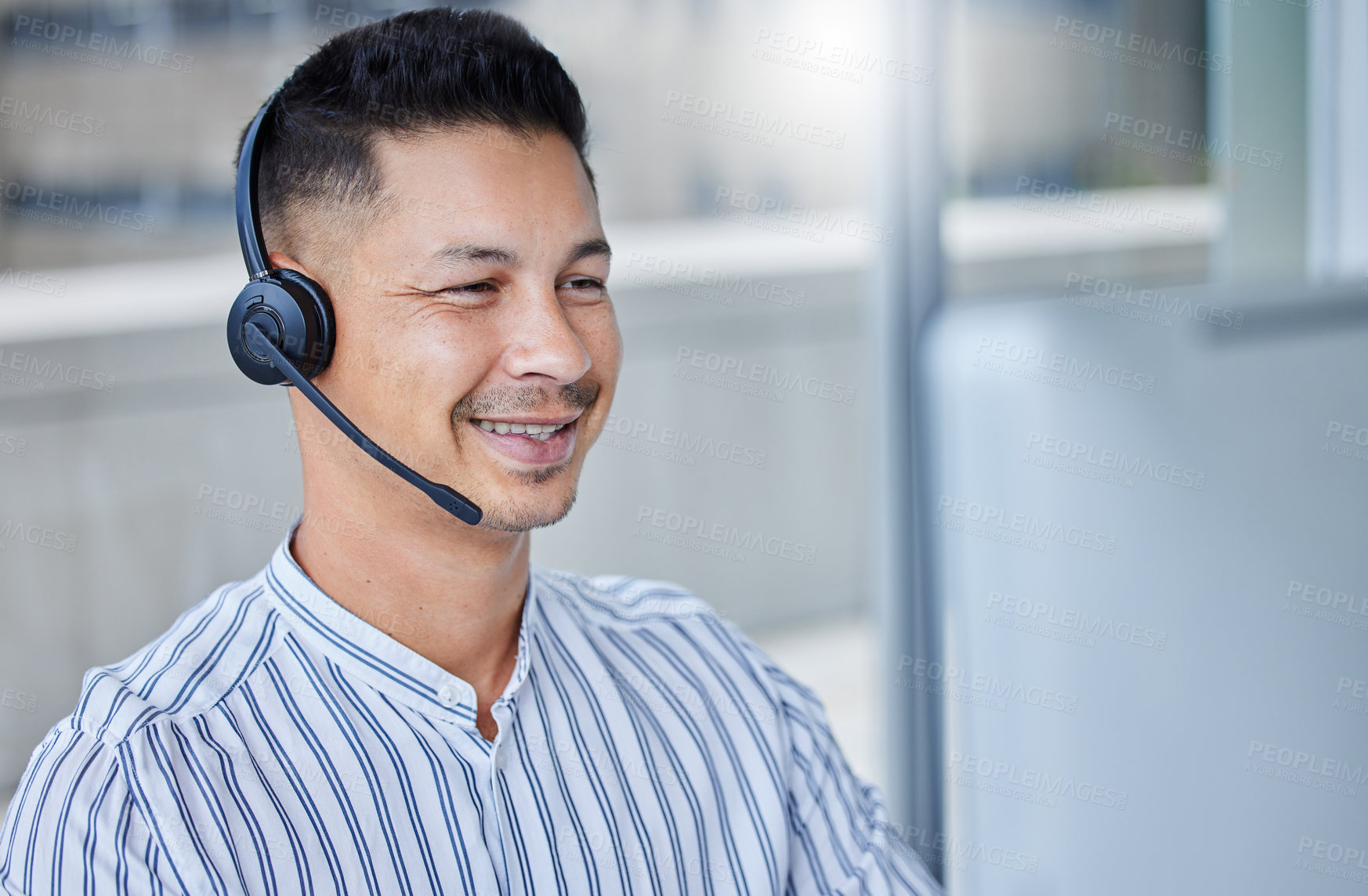 Buy stock photo Man, telemarketing and headset at computer or call centre for technical support, solution or crm. Male person, face and smile for customer service at help desk as it advisor, consultation or contact