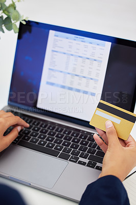 Buy stock photo Hands, laptop and credit card for ecommerce, online shopping and payment for loan or taxes at home. Person, fintech and technology for virtual wallet, electronic funds and financial transaction