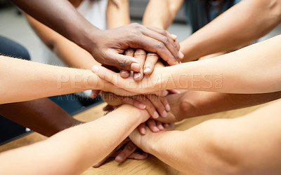 Buy stock photo Stack of hands, teamwork and business people in office for solidarity, collaboration or support for achievement. Celebration, diversity and group of employees with unity, goals or motivation together