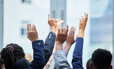 Buy stock photo Meeting, conference and business people raise hands for speaking at a corporate seminar. Diversity, tradeshow and closeup of group of employees with a question gesture at a convention in the office.