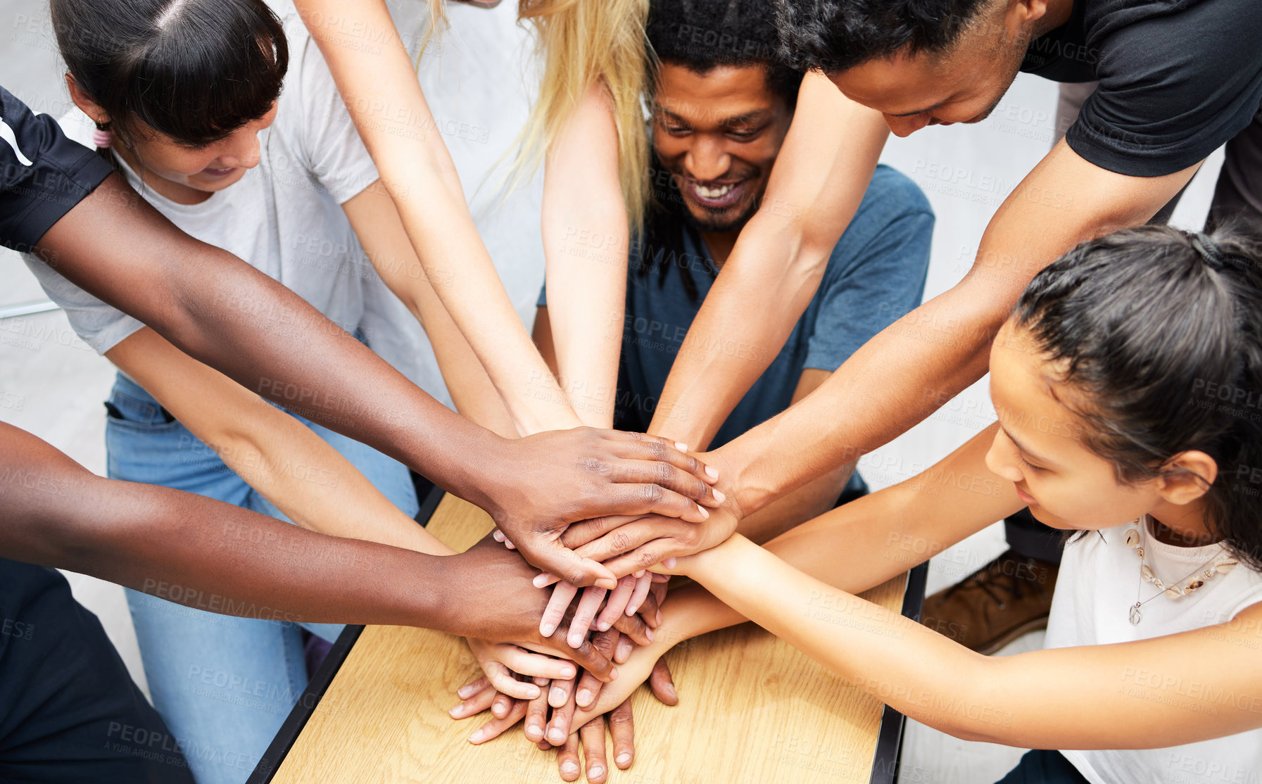 Buy stock photo Stack of hands, support and people in office for solidarity, collaboration or team building for achievement. Celebration, diversity and group of employees with unity, goals or motivation together.