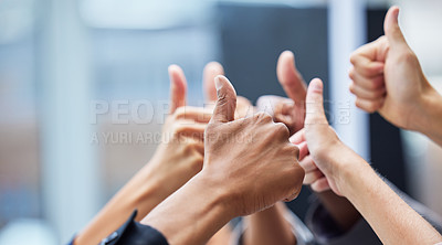 Buy stock photo Thumbs up, diversity and closeup of hands of business people in the office for celebration. Success, achievement and zoom of group of professional employees with an approval hand gesture in workplace