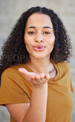 Buy stock photo Woman, portrait and blowing a kiss for flirting, love and romance with cute gesture for relationship. Confidence, happy and emoji with lips or mouth, emotion and expression of feelings for affection