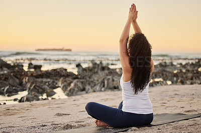 Buy stock photo Beach, woman and yoga as exercise or workout in Los Angeles for wellness, wellbeing and health. Back view, female person and mat for fitness, relax and peace for stress relief or mindfulness 