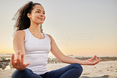 Buy stock photo Woman, beach and smile with meditation for peace or zen, calm and wellbeing or wellness in Los Angeles. Female person, outdoor and mat for mental health, mindset and relaxation for stress relief.