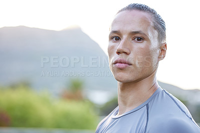 Buy stock photo Fitness, man and portrait outdoor on break from workout, sport training and exercise in nature. Serious, bodybuilder and confidence from health and wellness in Brazil with relax athlete by mountain