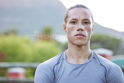 Buy stock photo Fitness, man and serious portrait outdoor on break from workout, sport training and exercise in nature. Sweat, bodybuilder and confidence from health and wellness in Brazil with athlete by mountains