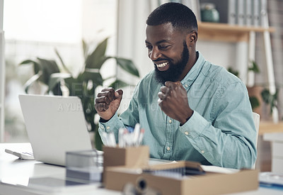 Buy stock photo Success, black man and laptop to celebrate business profit, win or achievement in an office. African male entrepreneur at a desk with motivation, fist and technology for bonus, victory or promotion