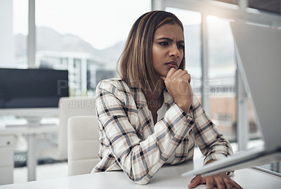 Buy stock photo Thinking, confused and business woman on laptop solution, research or serious job decision or planning. Reading, review and doubt or ideas of african person or analyst on computer for problem solving