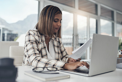 Buy stock photo Business analyst, laptop and woman typing paperwork in office workplace. Documents analysis, computer and female person reading, working and analyzing data, graphs or charts for finance statistics.