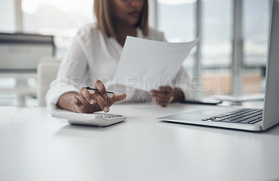 Buy stock photo Closeup, business and woman with a calculator, budget and documents with planning, financial growth and connection. Female person, accountant and employee with paperwork, savings and investment