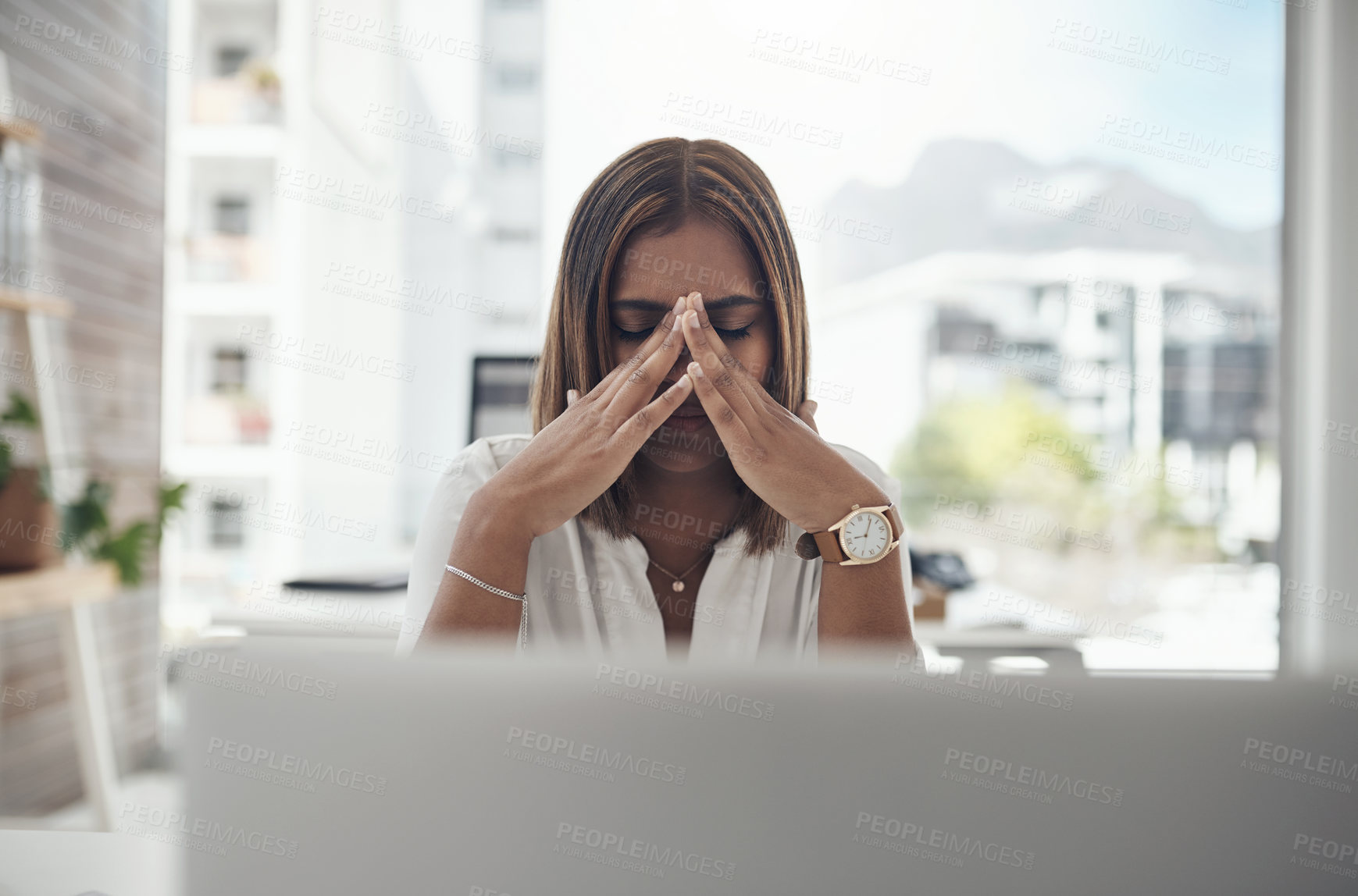 Buy stock photo Stress, worry and business woman on computer with online mistake, deadline and mental health risk or depression. Anxiety, burnout or job fatigue of young person or worker glitch, error or depressed