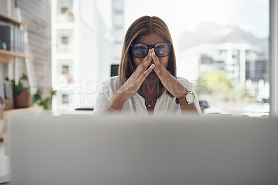 Buy stock photo Stress, headache and business woman on computer for online mistake, frustrated and mental health risk or depression. Anxiety, job burnout and pain or tired person with problem, eye care or depressed