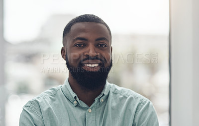 Buy stock photo Black business man, portrait and smile by window with happiness, pride and entrepreneurship at startup. African businessman, face and happy manager at company, success and confidence in finance job