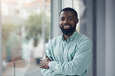 Buy stock photo Portrait, business and black man with arms crossed, window and corporate goals with professional and smile. Face, African person and happy employee with career ambition and startup with confidence