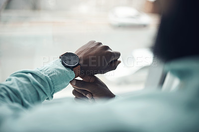 Buy stock photo Business, person and watch to check time, schedule or appointment for meeting, deadline or reminder to be punctual. Professional agenda, plan and urgency with wristwatch, accessory or jewelry
