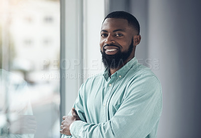 Buy stock photo Portrait, employee and black man with arms crossed, window and corporate goals with professional and startup. Face, African person and happy consultant with career ambition and pride with confidence