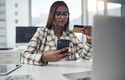 Buy stock photo Business, smartphone and woman with a credit card, ecommerce and finance sales in a modern office. Female person, employee or agent with payment, cellphone and transaction with fintech app and retail