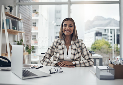 Buy stock photo Portrait, office desk and happy woman for online copywriting, startup research and editing or career mindset. Face of young indian person, editor or employee working on laptop for creative planning