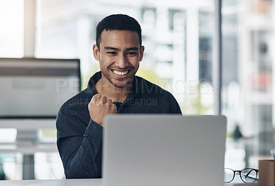Buy stock photo Young business man, celebrate and laptop with smile, winning or success on stock market in office. Indian businessman, computer and winner with fist celebration, profit and bonus in online gambling