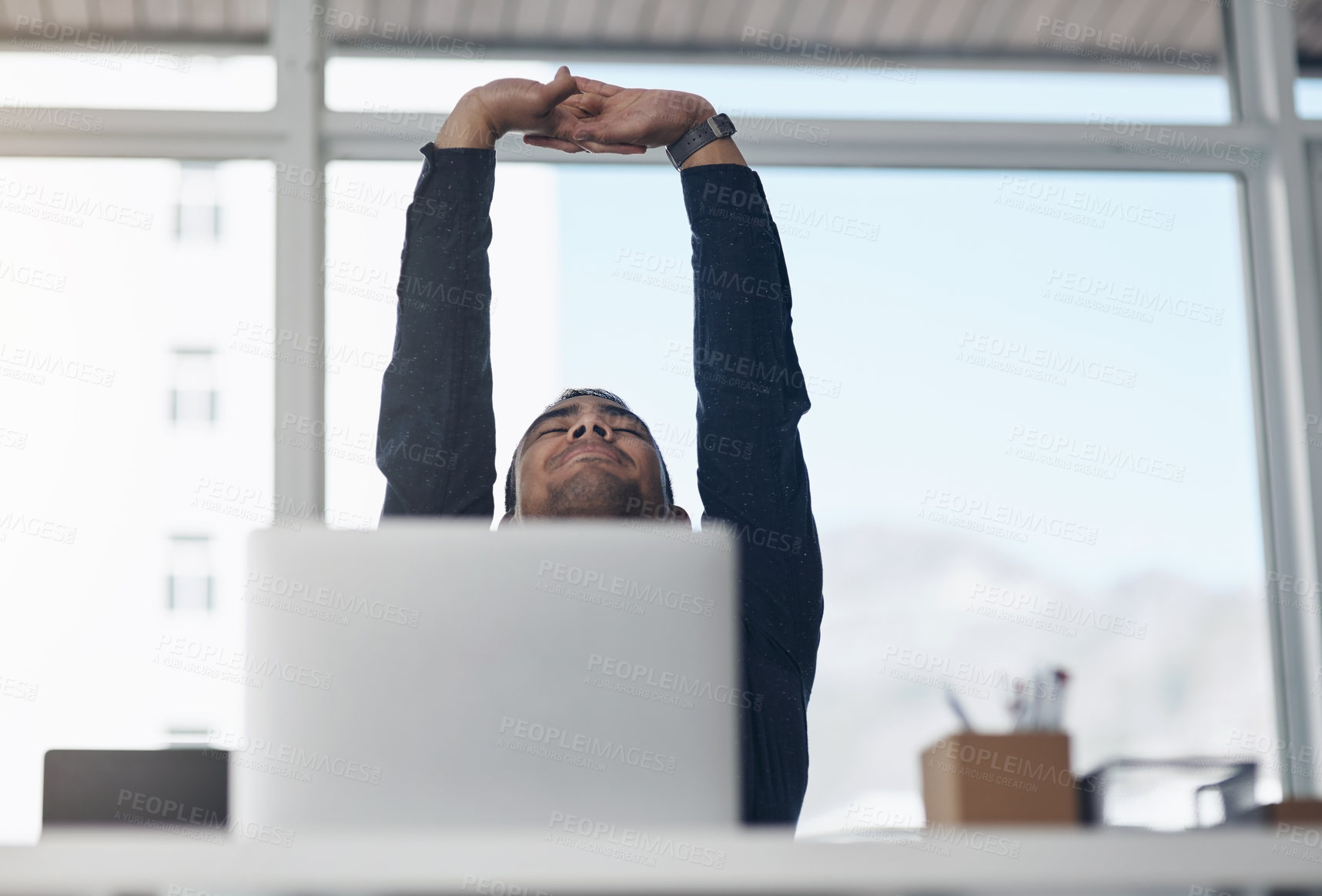 Buy stock photo Business, stretching and man in office with laptop, glasses and calm HR consultant at desk. Relax, breathe and businessman at human resource agency with tech, comfort and satisfaction with report