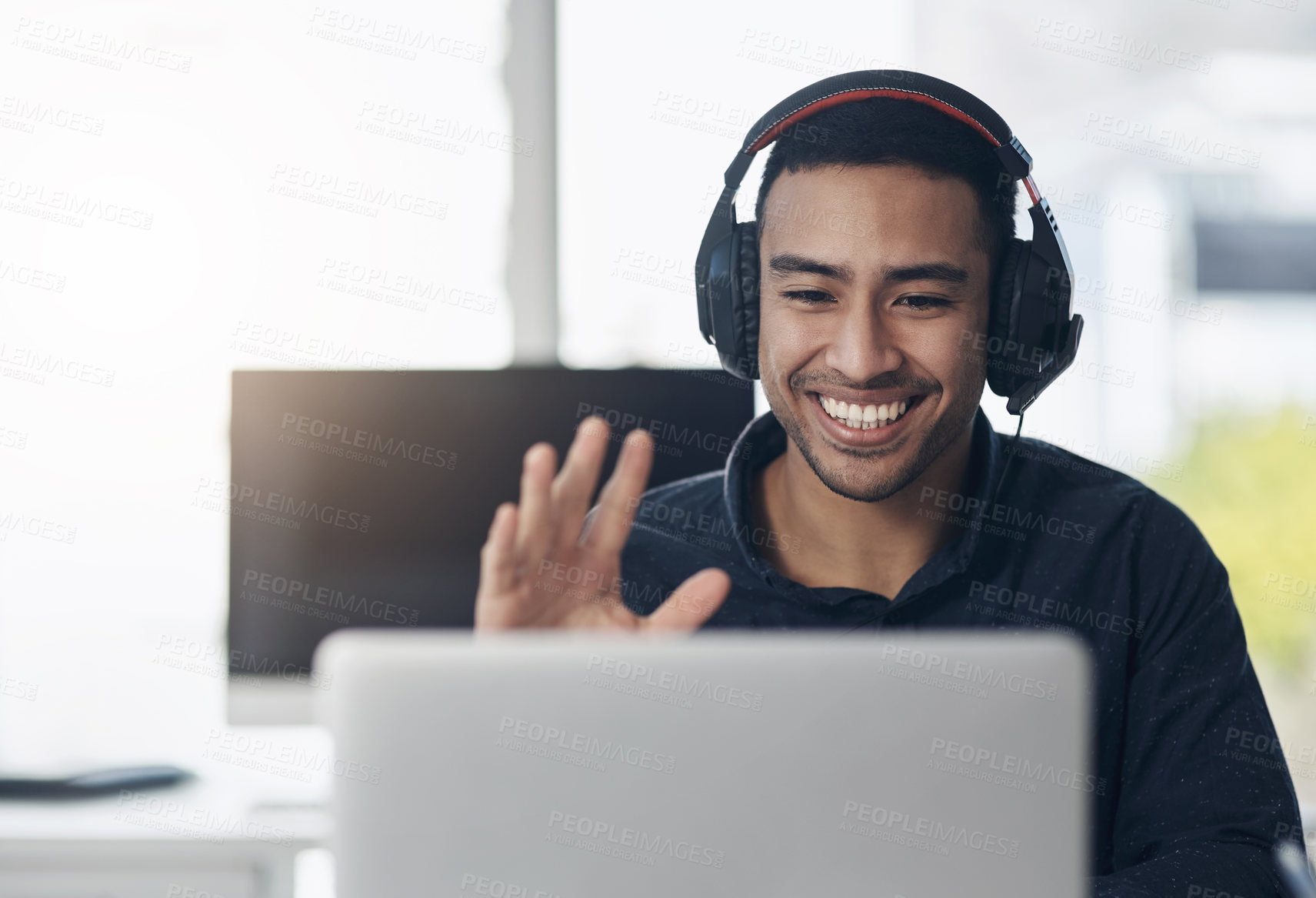 Buy stock photo Business, smile and man with video call, wave and connection for communication, talking and online chatting. Male person, employee and happy entrepreneur with headphones, greeting and conversation