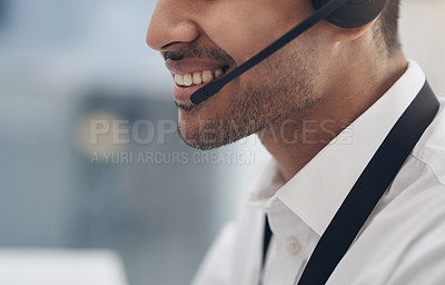 Buy stock photo Headset, mouth and man consultant in a call center for customer service closeup while talking on a call. Smile, support and contact us with a happy male employee consulting in a telemarketing office
