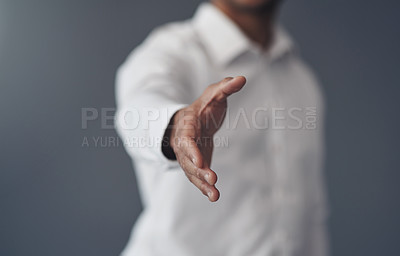 Buy stock photo Handshake, success and offer of business man isolated on a studio background for agreement, introduction or welcome. Corporate person shaking hands in pov meeting, deal or congratulations and thanks