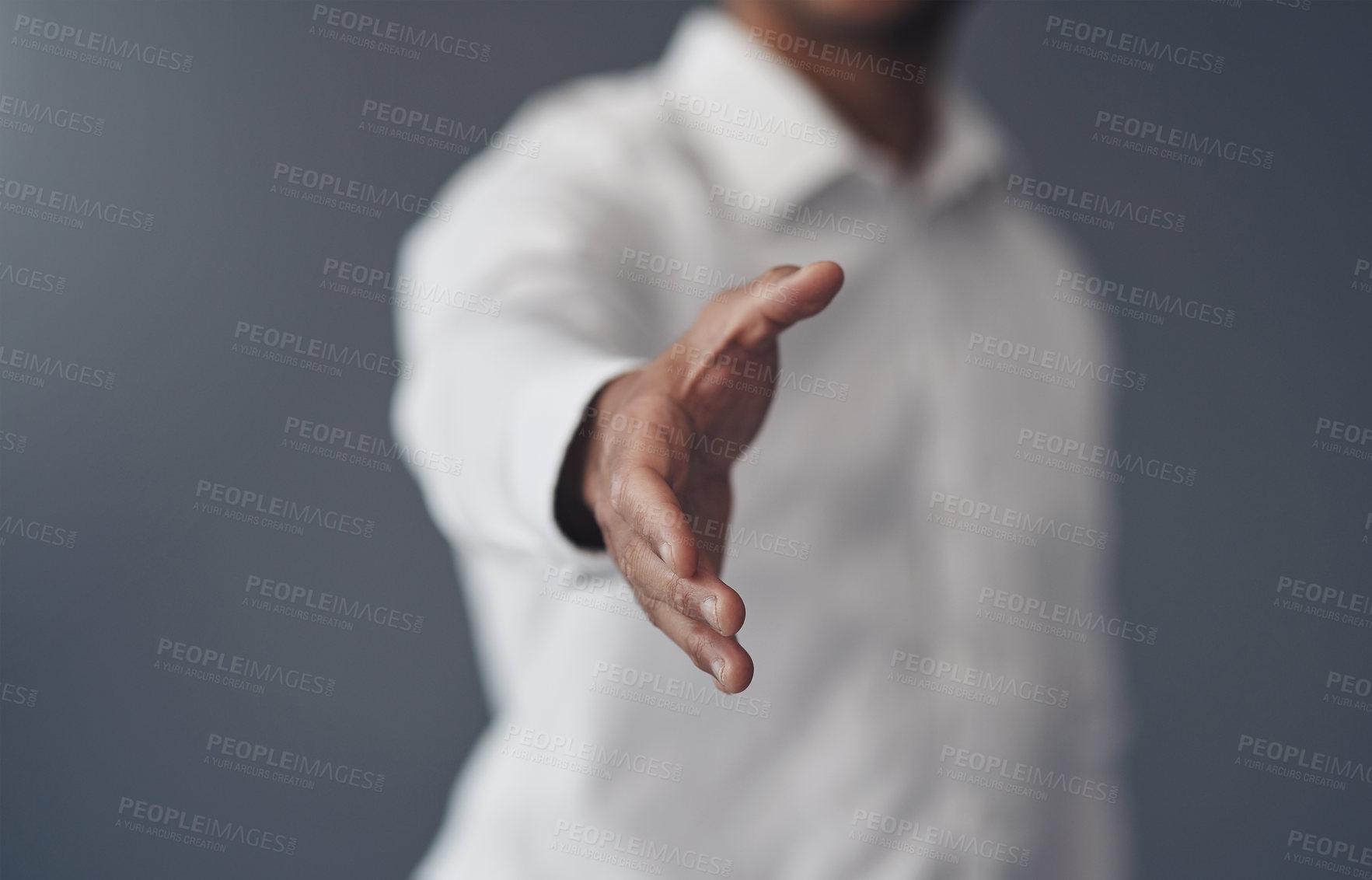 Buy stock photo Handshake, success and offer of business man isolated on a studio background for agreement, introduction or welcome. Corporate person shaking hands in pov meeting, deal or congratulations and thanks