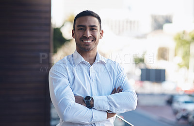 Buy stock photo Portrait, employee and Asian man with arms crossed, smile and corporate goals with employee and proud. Face, African person and entrepreneur with career ambition and startup business with confidence