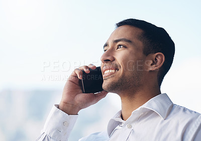 Buy stock photo Phone call, smile and businessman on balcony for networking, communication and opportunity for advice. Conversation, negotiation and man with smartphone, agenda and planning for consulting business.