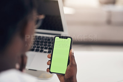 Buy stock photo Green screen, phone and woman hands for business communication, mobile app and mockup search in office. Online space, reading and professional person on social media, networking or chat mock up