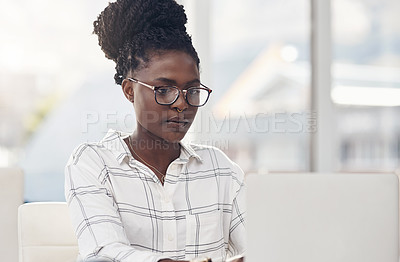 Buy stock photo Laptop, seo and focus with a black woman editor working in her office for online content or digital logistics. Computer, editing and feedback review with a young female journalist at work on a report