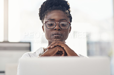 Buy stock photo Thinking, decision and business woman on computer for solution, research and serious, focus or job planning. Reading, review and choice of african person or analyst on laptop for data problem solving