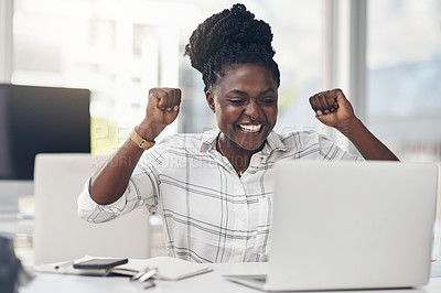 Buy stock photo Black woman, success and laptop to celebrate business profit, win or achievement in office. African female entrepreneur at a desk with motivation, fist and technology for bonus, victory and promotion