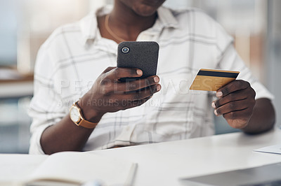 Buy stock photo Business woman, phone and credit card in hands for online shopping, e commerce and banking. African person at a desk with a mobile phone for fintech website, bill payment or money transfer in office