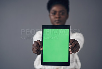 Buy stock photo Green screen, tablet and woman in portrait isolated on a studio background for advertising space or mockup. Online mock up, website design and african person with digital technology and application
