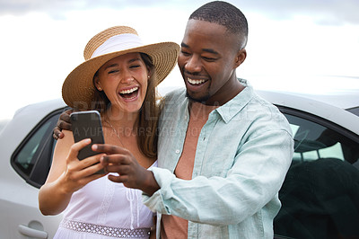 Buy stock photo Love, interracial couple and smile for selfie on road trip, travel or countryside for vacation in Brazil. Comic, people and happy using phone for picture by car for holiday, journey or drive together