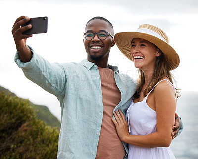 Buy stock photo Interracial couple, road trip and love for selfie in nature, travel and countryside for vacation in Brazil. Hug, people and happy using phone for picture for holiday, journey and smile together