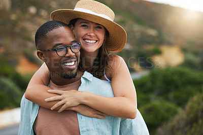 Buy stock photo Interracial couple, trip and happy for hug in nature, travel and countryside for vacation in Brazil. Adventure, people and smile in outdoor in summer for holiday, journey and relax together.