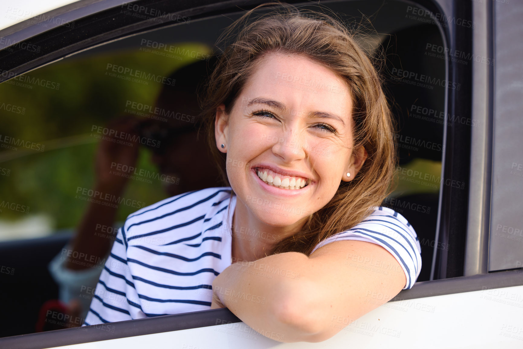 Buy stock photo Travel, portrait and happy woman in a car window with freedom, smile and vacation or trip. Transport, passenger and face of excited female person in a vehicle for journey, holiday or road trip