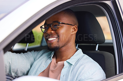 Buy stock photo Travel, road trip and happy man in a car for driving, freedom and vacation, adventure or weekend trip. Transport, driver and African male in a vehicle for journey, holiday or a solo drive in the city